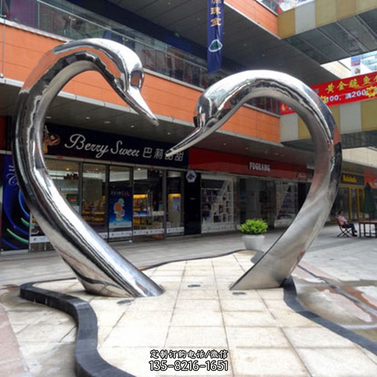 不锈钢爱心天鹅情侣雕塑-大型户外广场抽象动物景观摆件心型天鹅头雕塑