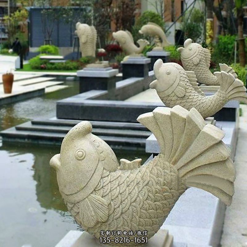 喷水鱼砂岩石雕-园林水池水塘动物喷泉雕塑图片