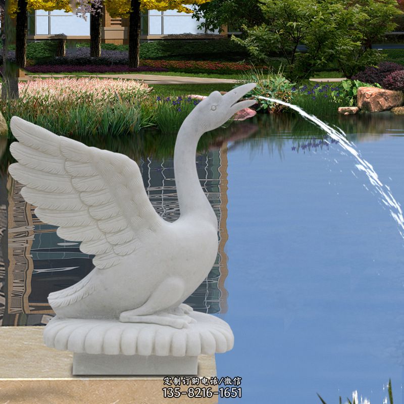石雕天鹅汉白玉喷水鸭子-水池水景动物流水喷泉图片