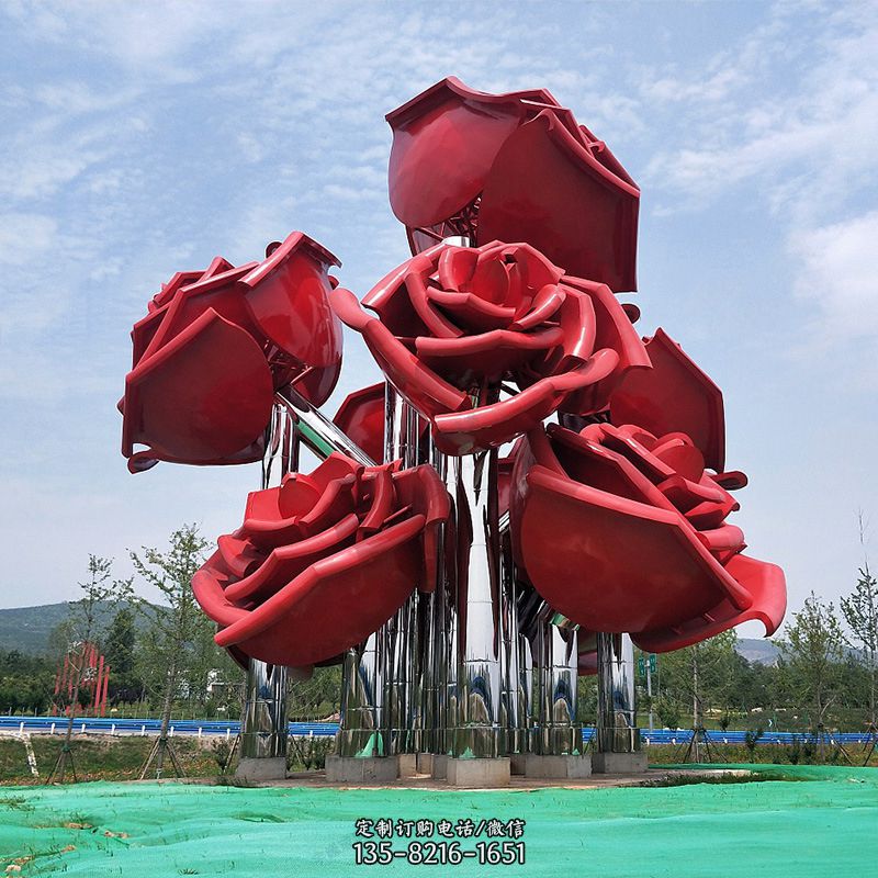 大型景区园林不锈钢玫瑰花景观雕塑