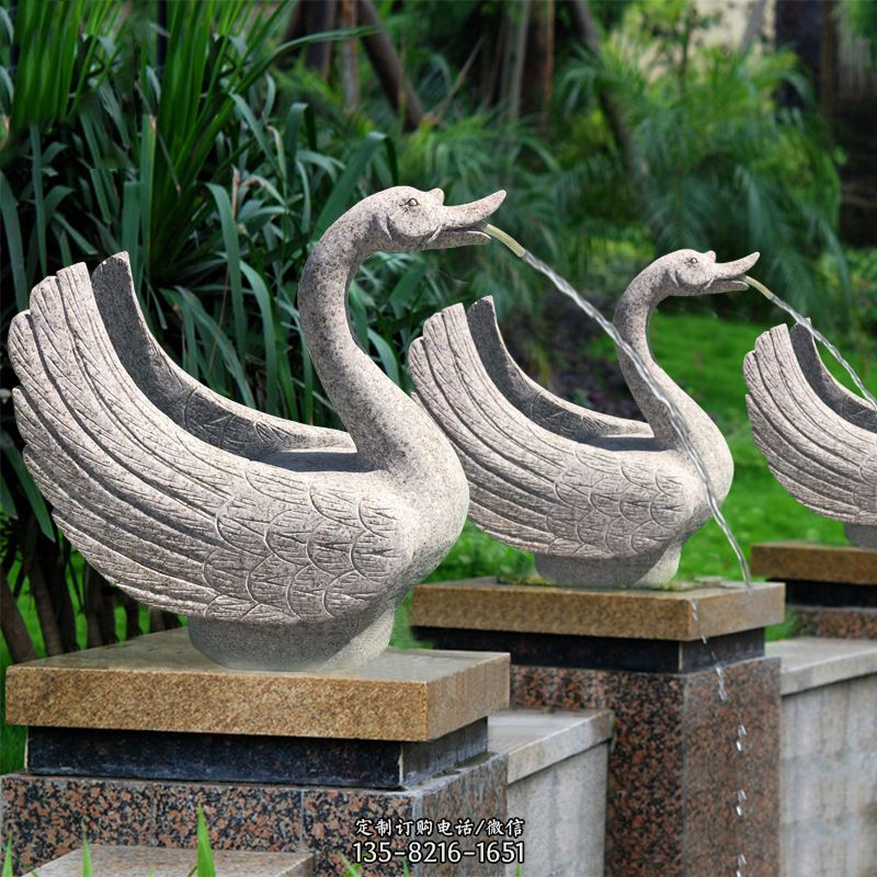 花岗岩喷水天鹅雕塑-公园水景吐水动物喷泉图片