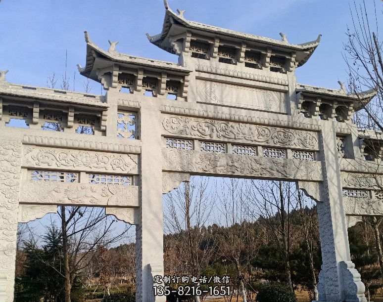 石雕乡村牌坊-寺庙古建石雕山门牌坊