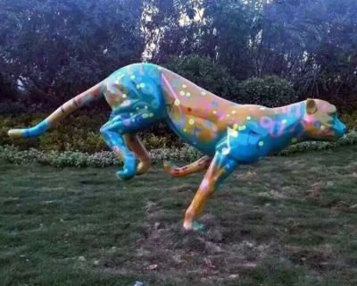 玻璃钢彩绘豹子雕塑-公园草坪动物雕塑摆件
