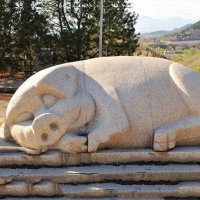 抽象睡觉的猪石雕-公园创意生肖动物雕塑摆件