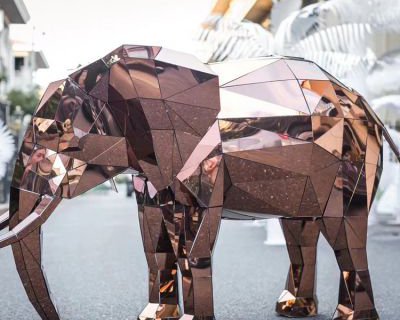 不锈钢几何块面大象雕塑-商场企业动物美陈雕塑