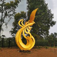不锈钢漆金凤凰雕塑-黄金色园林动物景观雕塑
