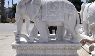 喷水大象石雕-大象小象雕塑
