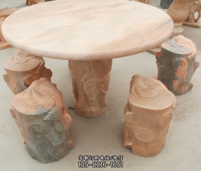 晚霞红仿木公园圆形桌凳石雕图片