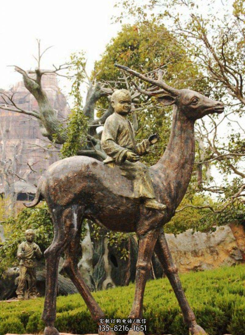 公园骑着梅花鹿的小男孩景观铜雕