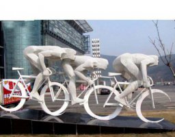 街边不锈钢抽象人物骑自行雕塑