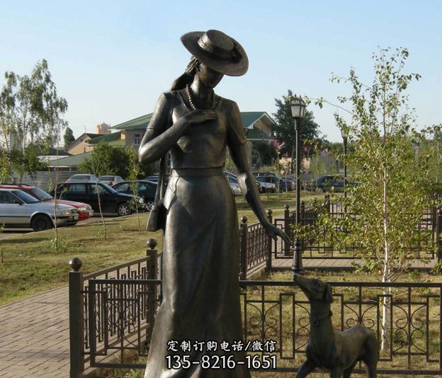铜雕遛狗少女人物雕塑
