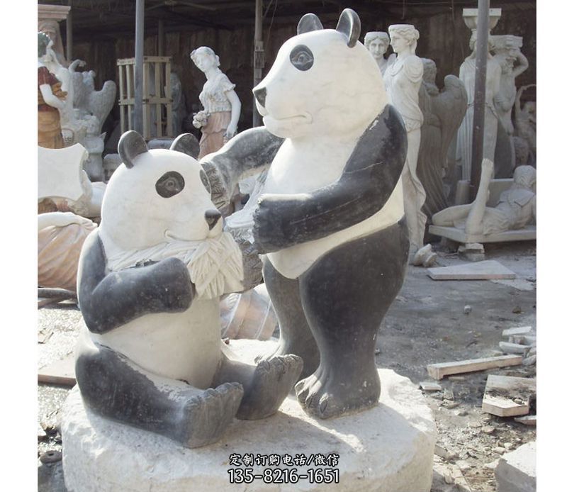 母子熊猫石雕-抽象熊猫雕塑