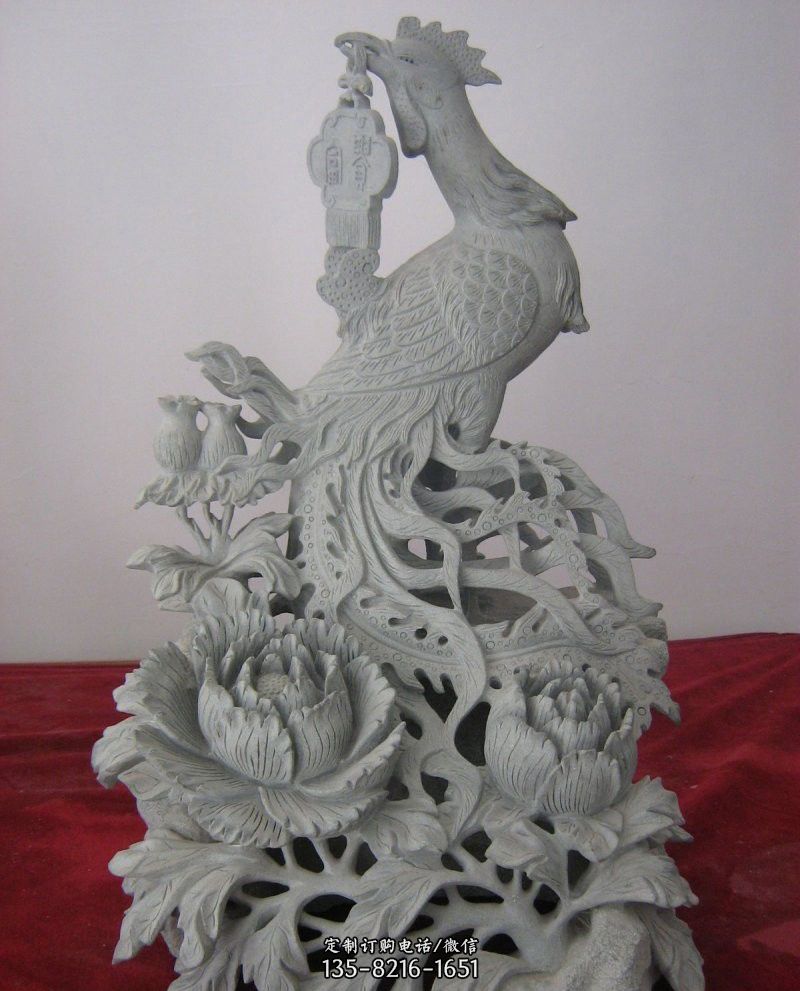 大理石凤凰牡丹雕塑图片