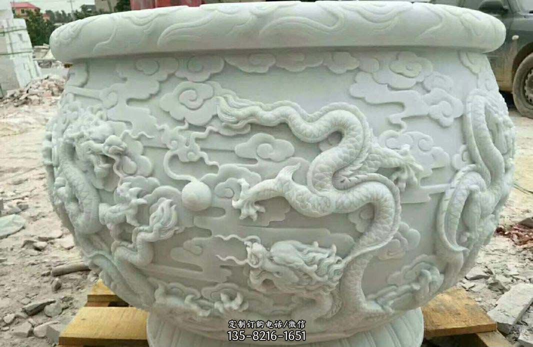 汉白玉龙浮雕水缸雕塑