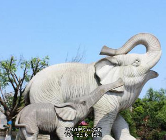 公园动物大理石母子象石雕图片
