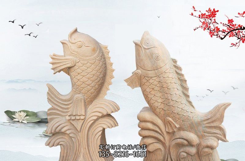 晚霞红喷水鱼雕塑图片