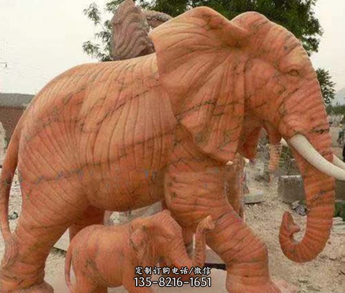 公园动物晚霞红母子象石雕