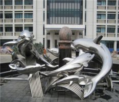 校园不锈钢海豚海浪雕塑