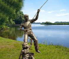 钓鱼人物河边景观铜雕