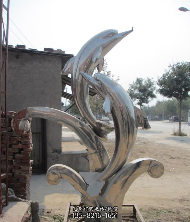 公园不锈钢海豚和海浪雕塑