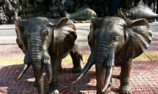 广场大象铜雕-大象坐板凳雕塑