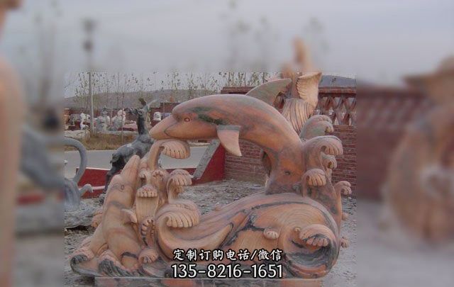 海豚海浪石雕-戏球不锈钢海豚雕塑-园林水景动物景观