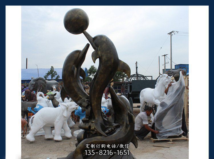 公园铜雕海豚顶球动物雕塑