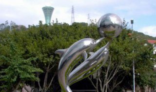 公园不锈钢海豚顶球雕塑