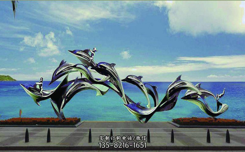 不锈钢跳跃的海豚广场景观雕塑