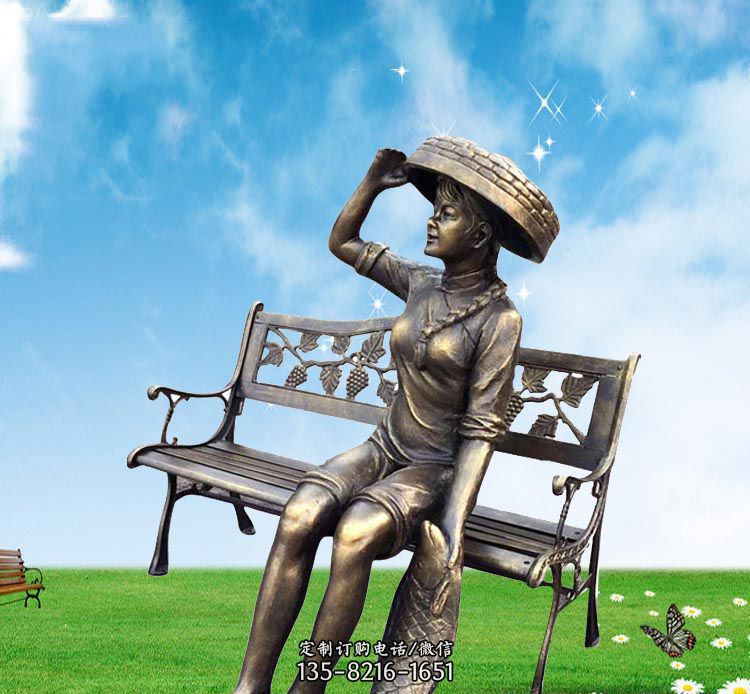 公园座椅拿鲤鱼的女孩铜雕 