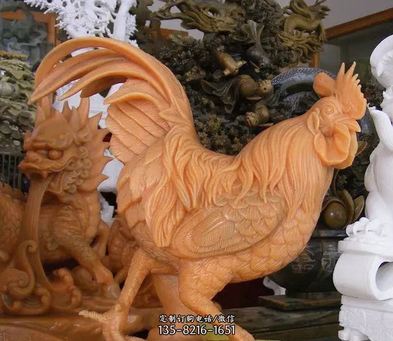 晚霞红公鸡石雕，生肖动物雕塑摆件图片