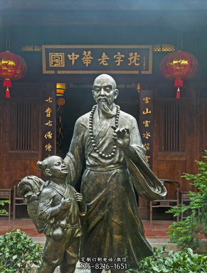僧人和小女孩古代人物铜雕