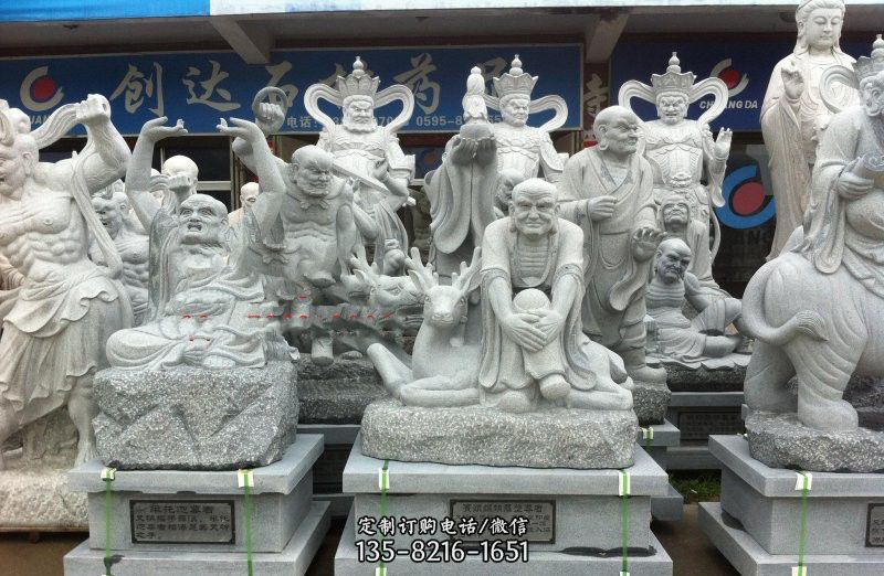 十八罗汉雕塑-景区寺庙大理石石雕坐着的佛像十八罗汉雕塑