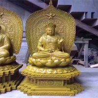 三圣雕塑-玻璃钢彩绘黄色佛像三圣雕塑